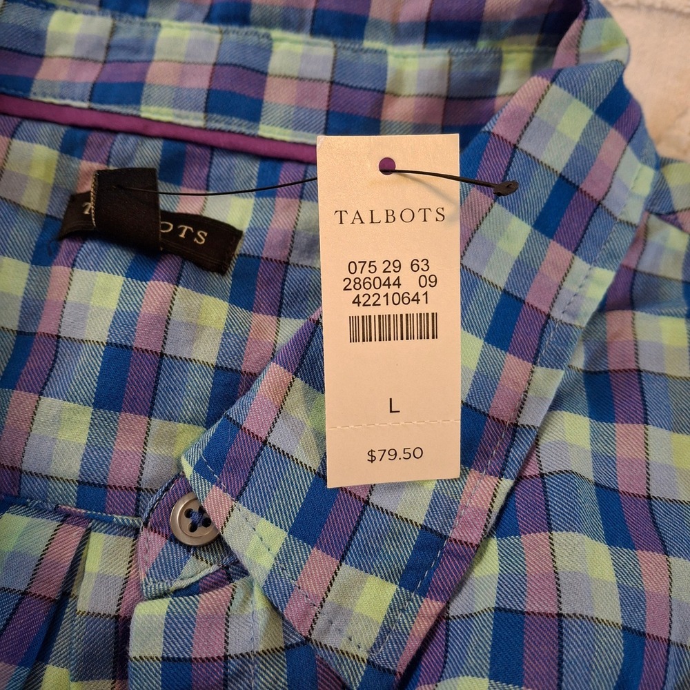 Talbots Women's Large Plaid Button Down Shirt Long Sleeve Blue Green Purple NWT - Picture 6 of 7